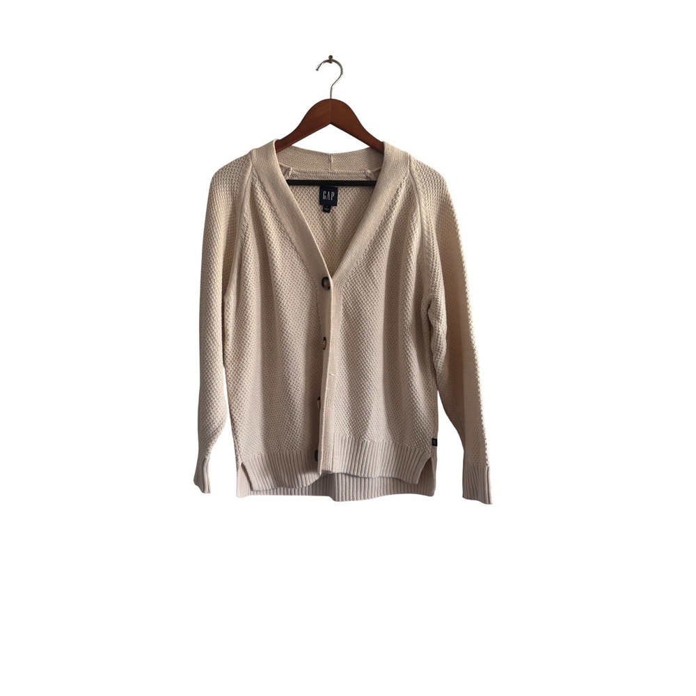 Gap Womens Cream 100% Cotton Honeycomb Knit V-Neck‎ Button Cardigan Sweater L